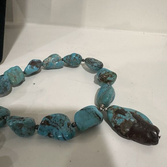 Vtg Native American Turquoise Boulder Nugget Necklace Sterling Silver W Heshi - Picture 6 of 10